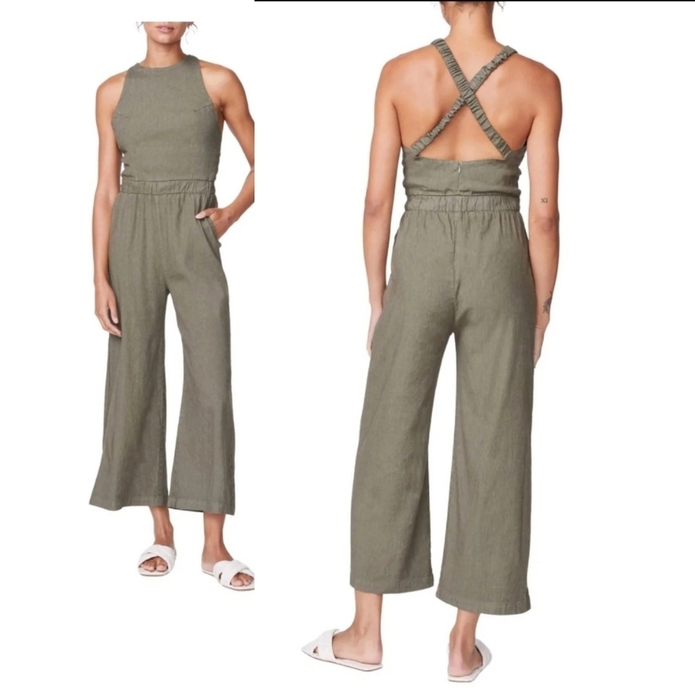 Monrow Linen Blend Racer Wide-Leg Jumpsuit In Army Size Large